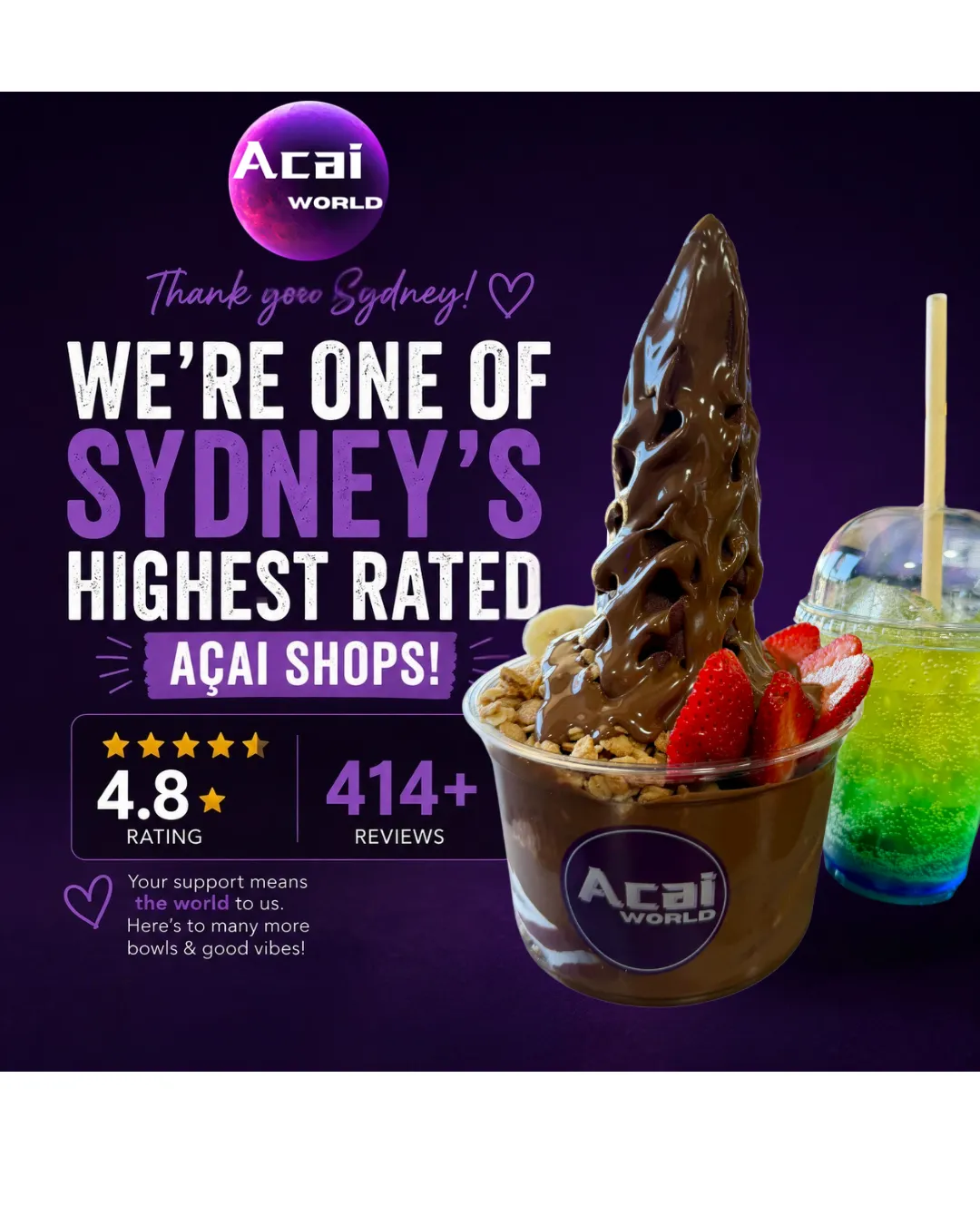 Açaí World thanks Sydney for its support: a customer-review milestone celebrating a 4.8 rating and more than 414 reviews